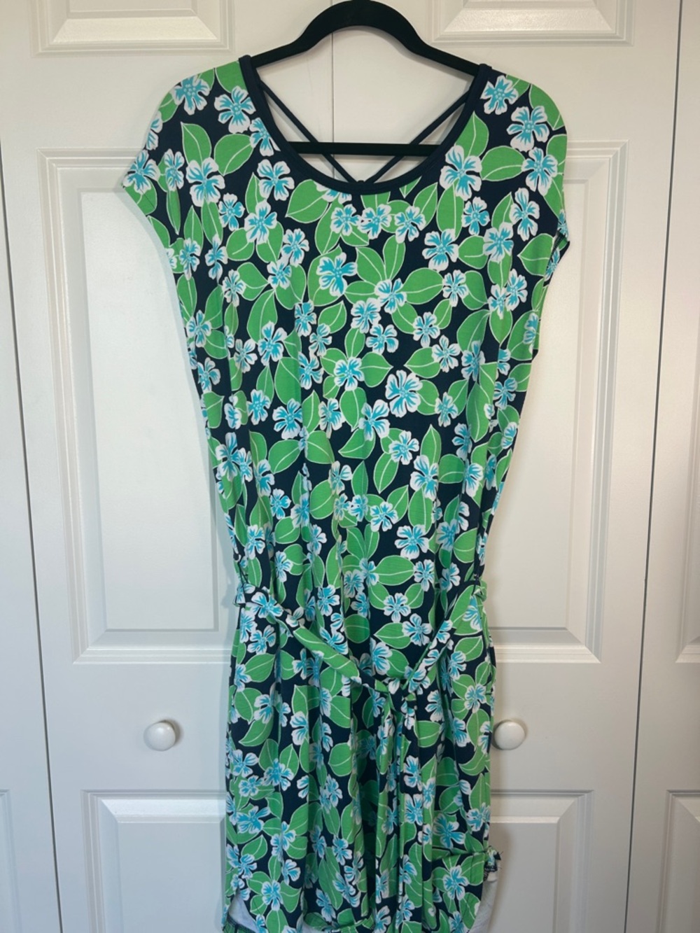 Talbots Green and Blue Floral Tie-Waist Midi Dress